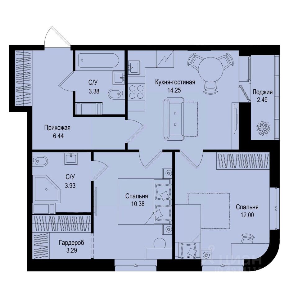 2-комн.кв., 54,9 м², 9/9 этаж