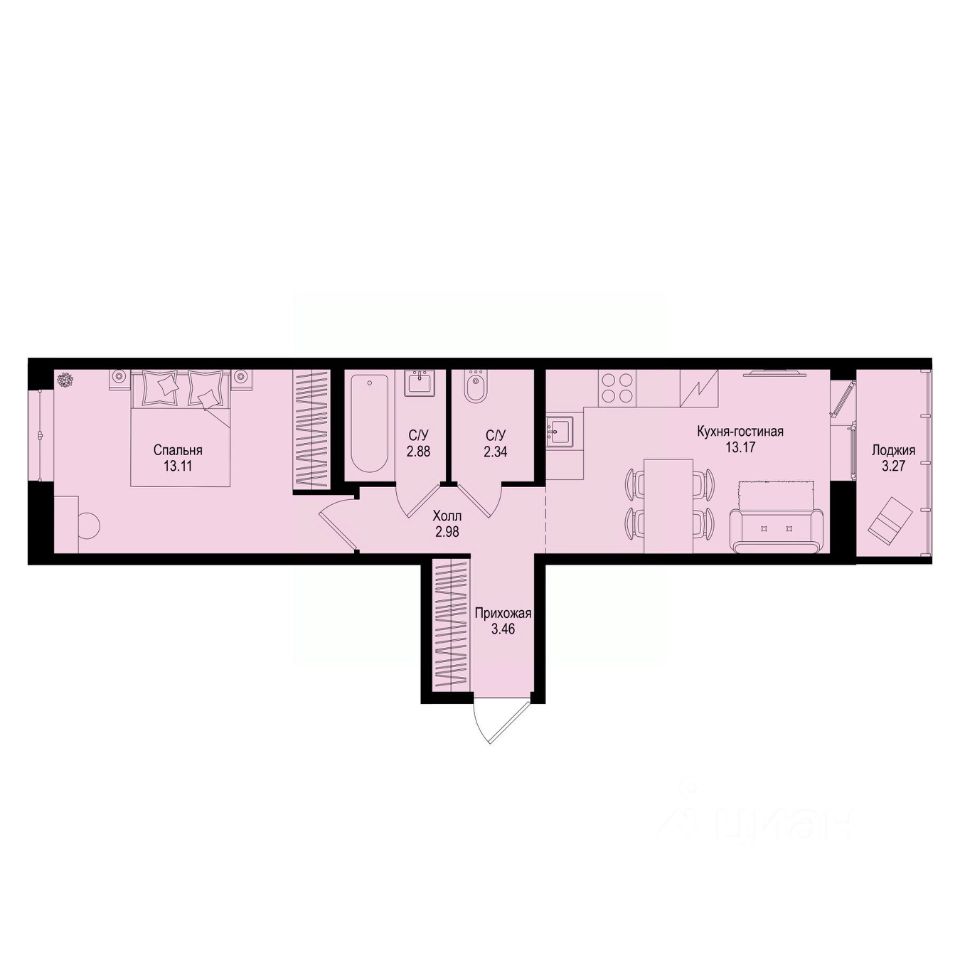 1-комн.кв., 39,6 м², 2/9 этаж