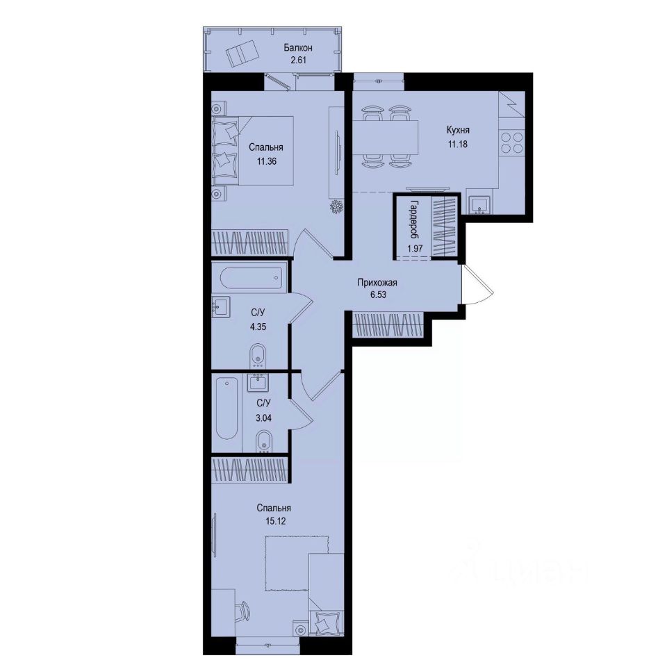 2-комн.кв., 54,3 м², 2/9 этаж
