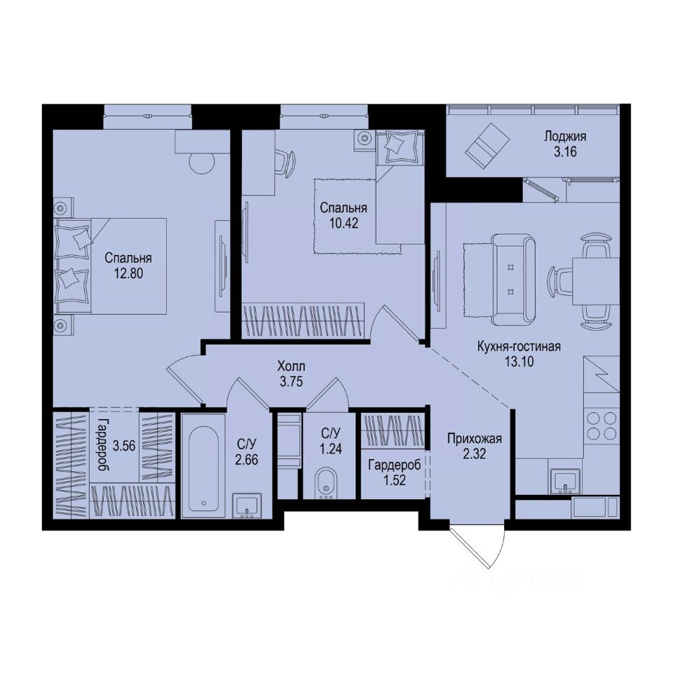 2-комн.кв., 53 м², 9/9 этаж