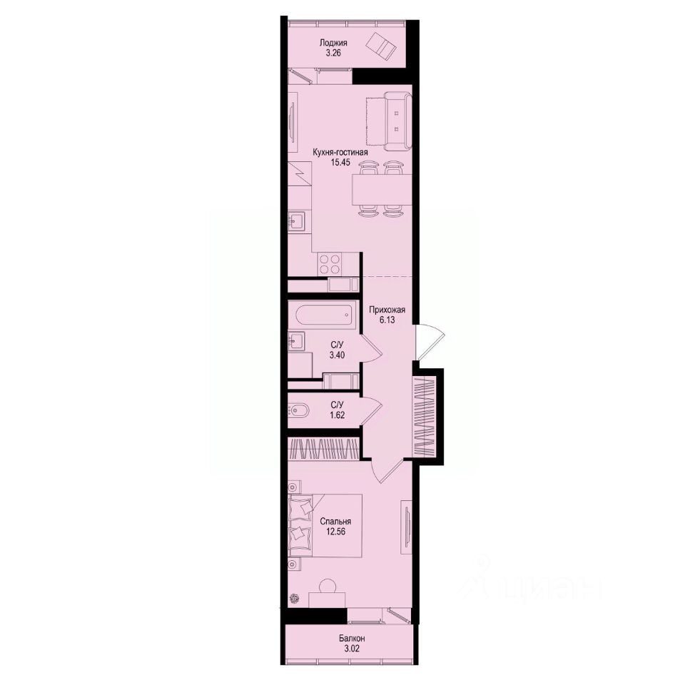 1-комн.кв., 41,7 м², 3/9 этаж