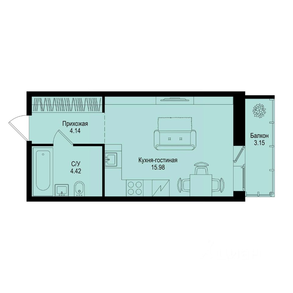 Студия, 25,5 м², 2/9 этаж