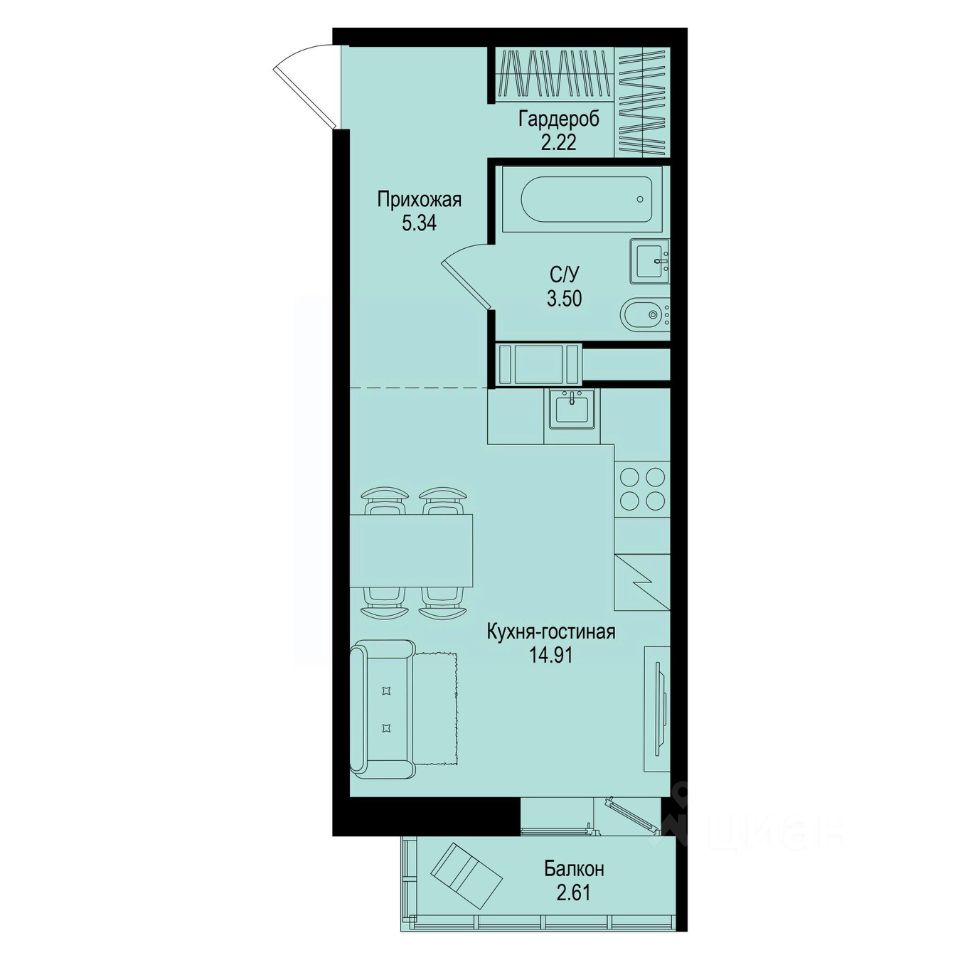 Студия, 26,8 м², 9/9 этаж