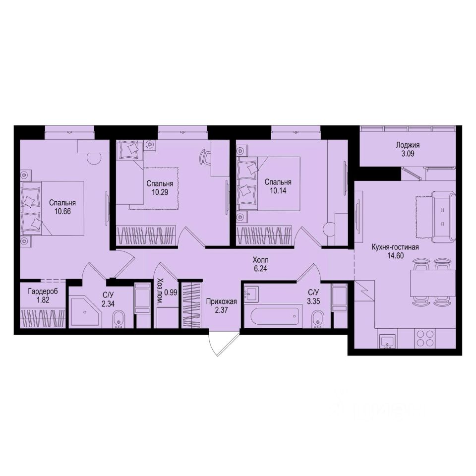 3-комн.кв., 64,3 м², 9/9 этаж