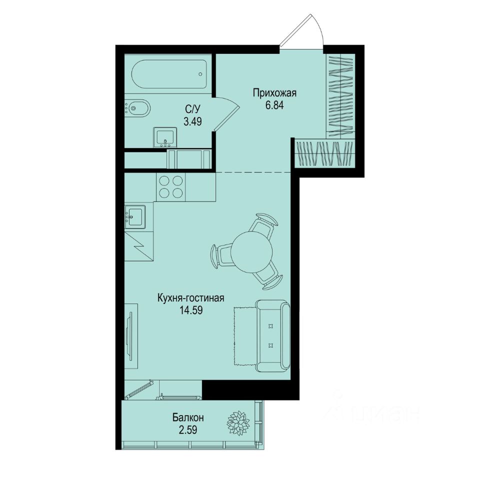 Студия, 25,7 м², 5/9 этаж