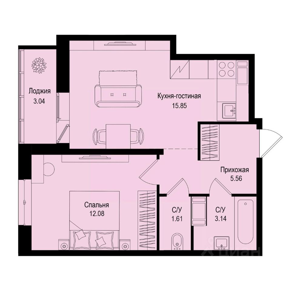 1-комн.кв., 39,8 м², 5/9 этаж
