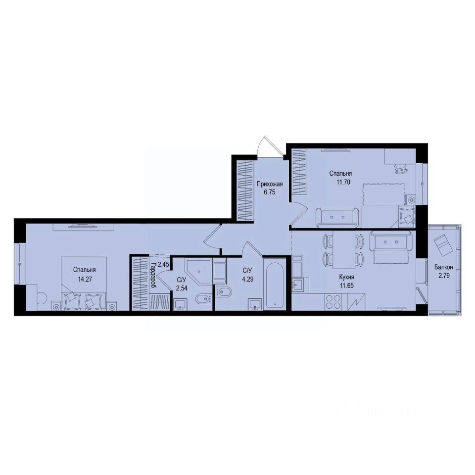 2-комн.кв., 54,5 м², 3/9 этаж