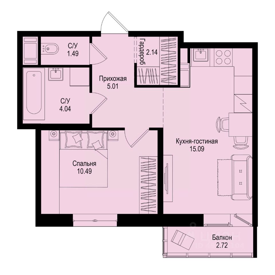 1-комн.кв., 39,1 м², 3/9 этаж