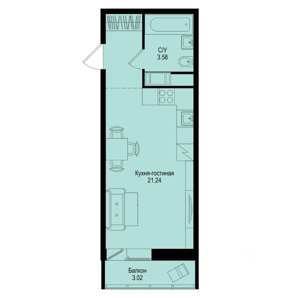 Студия, 25,7 м², 3/9 этаж