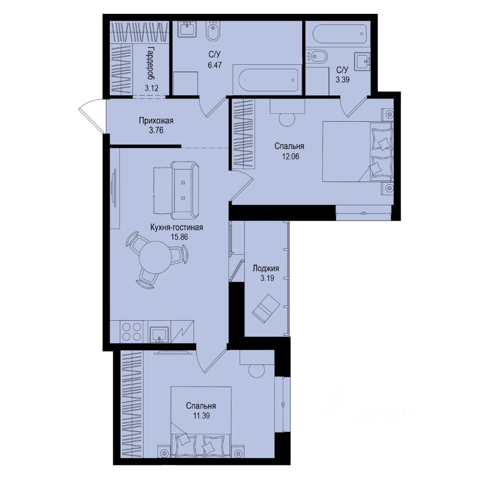 2-комн.кв., 57,6 м², 2/9 этаж