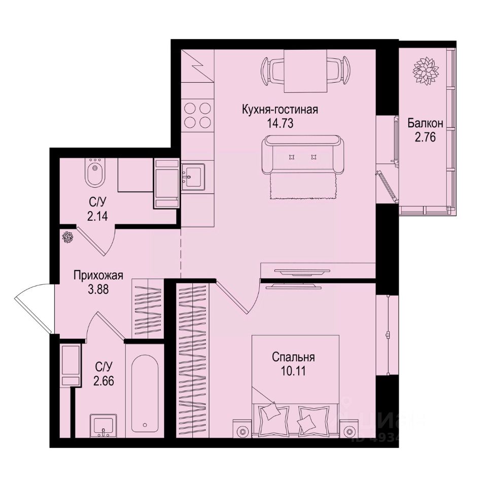 1-комн.кв., 34,4 м², 4/9 этаж