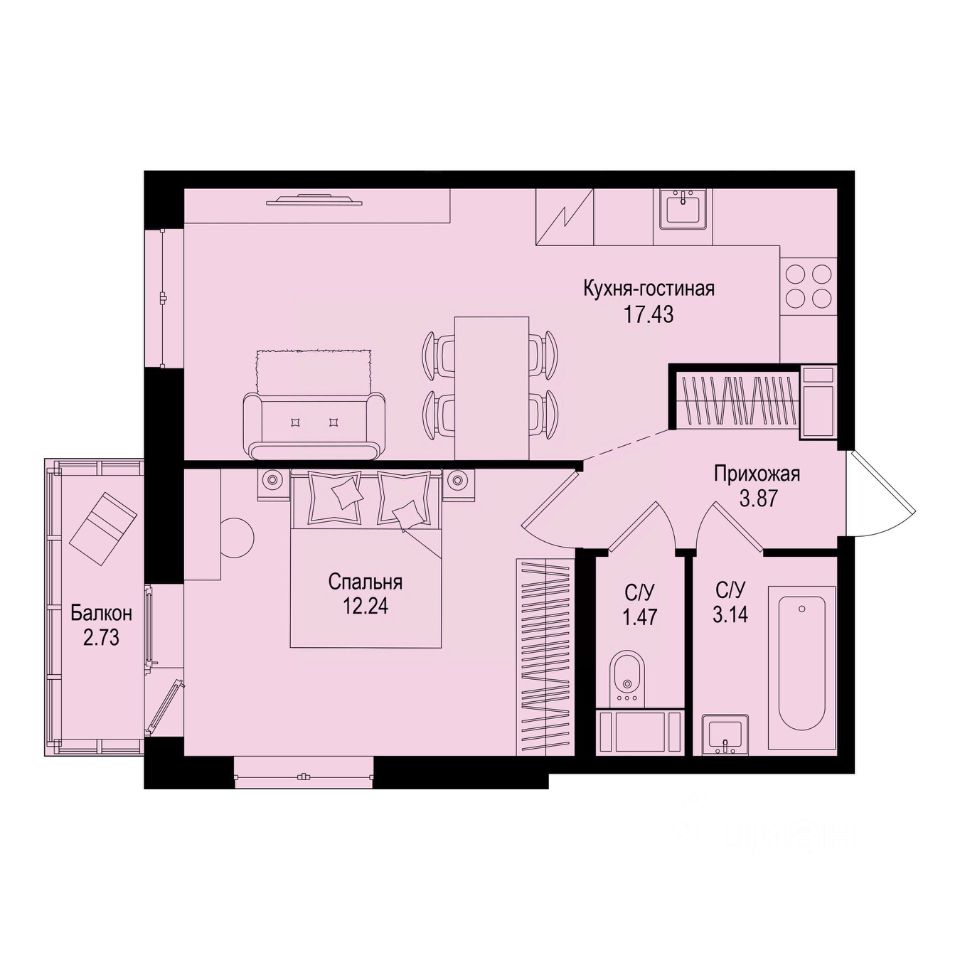 1-комн.кв., 39 м², 7/9 этаж