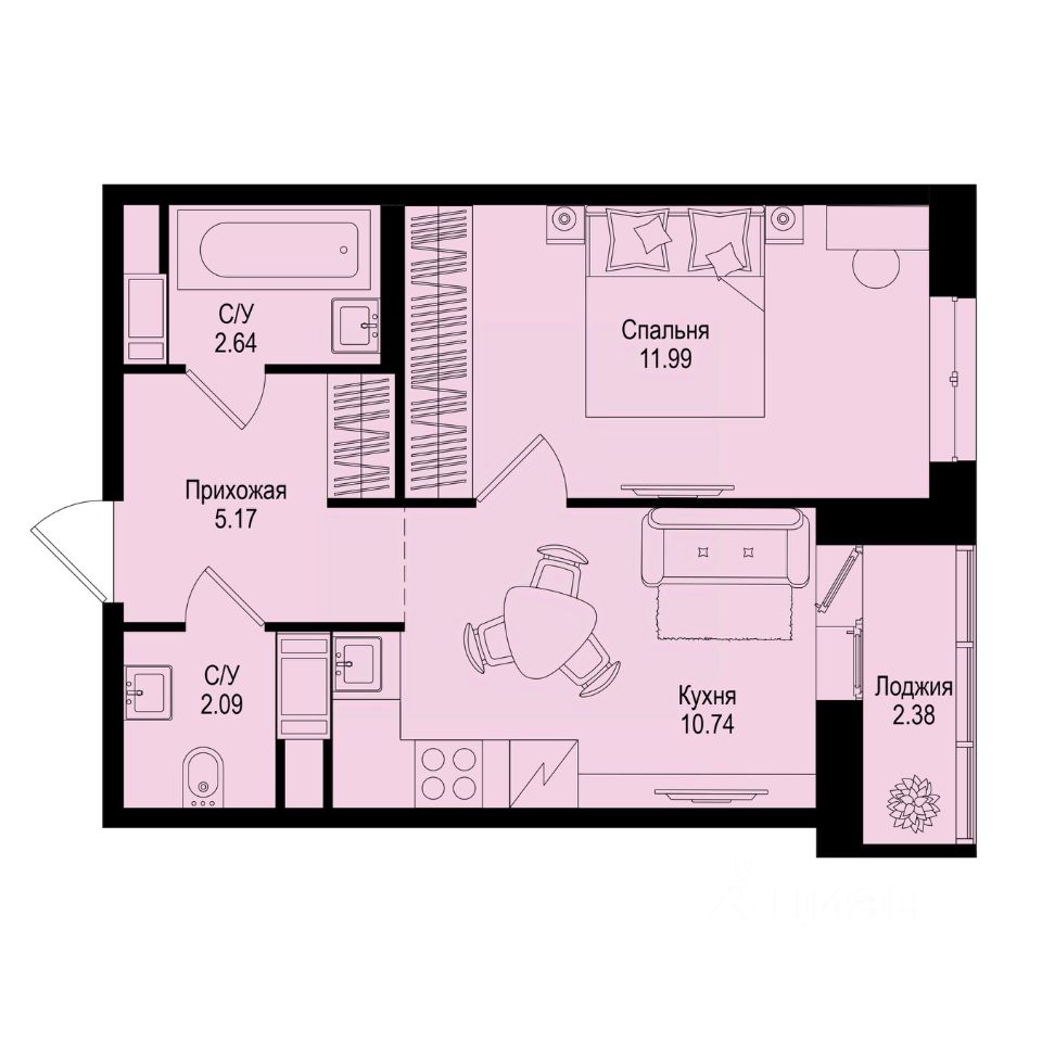 1-комн.кв., 33,8 м², 6/9 этаж