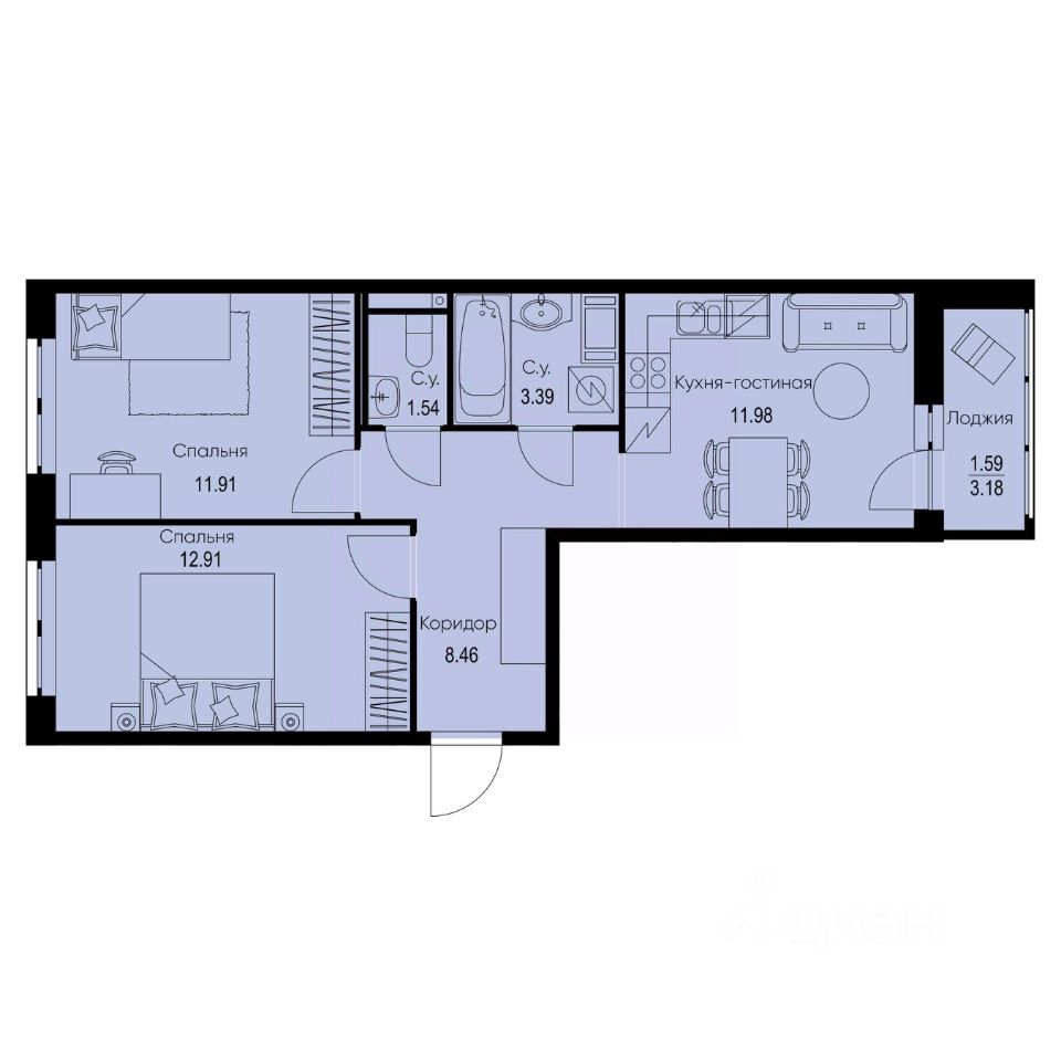2-комн.кв., 51,8 м², 2/9 этаж