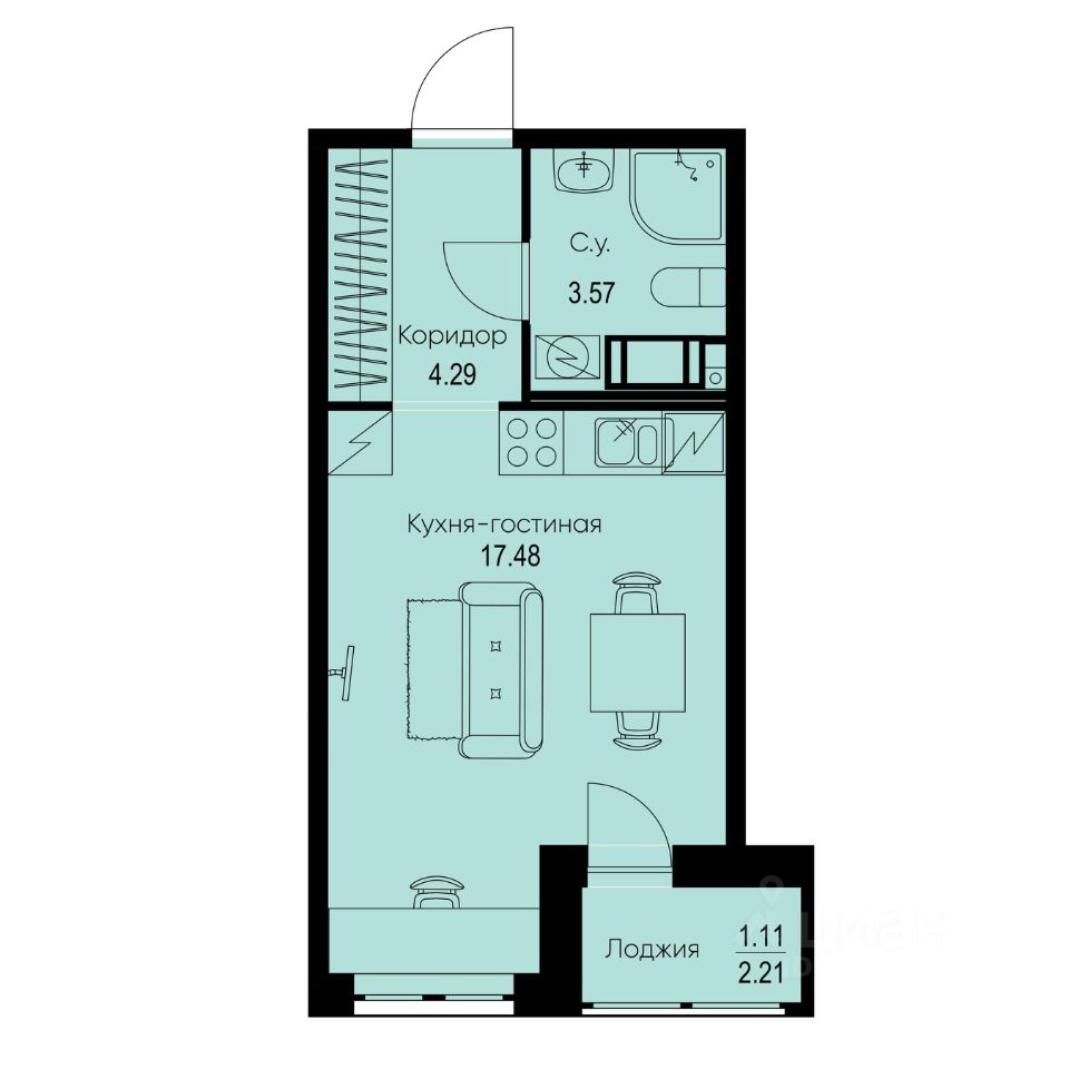 Студия, 26,4 м², 4/9 этаж