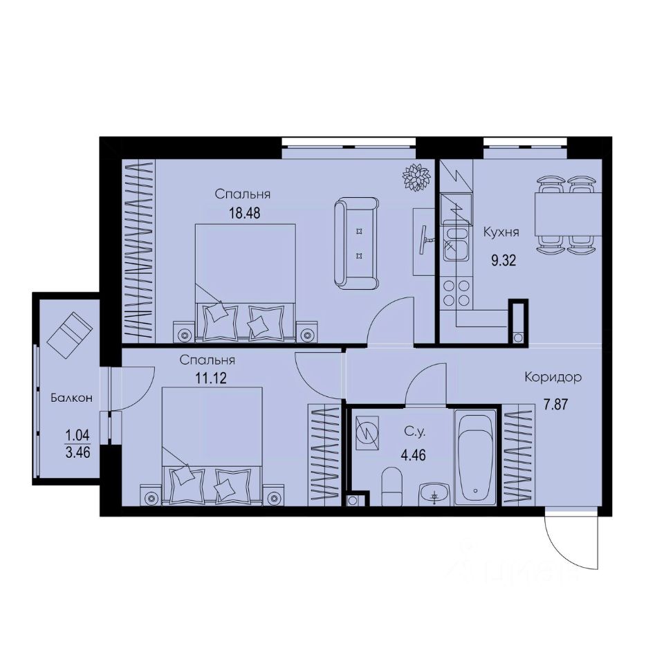 2-комн.кв., 52,3 м², 2/9 этаж