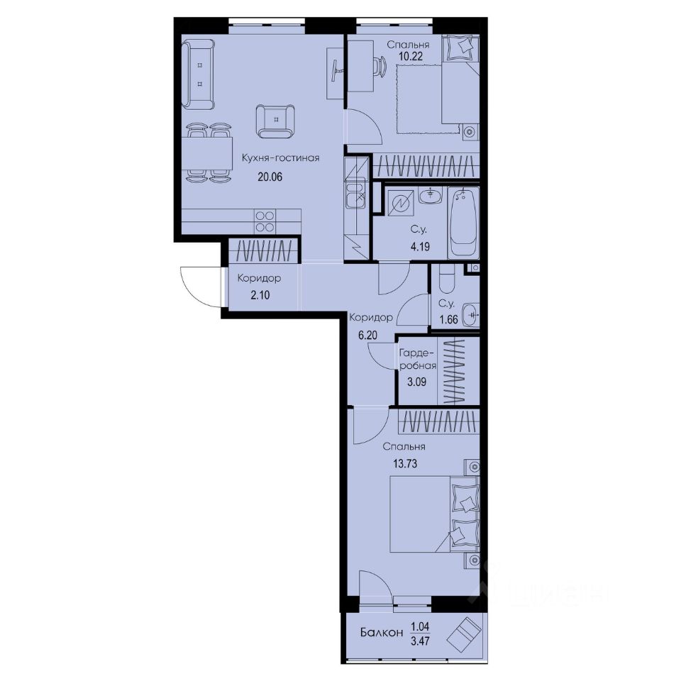 2-комн.кв., 62,3 м², 2/9 этаж