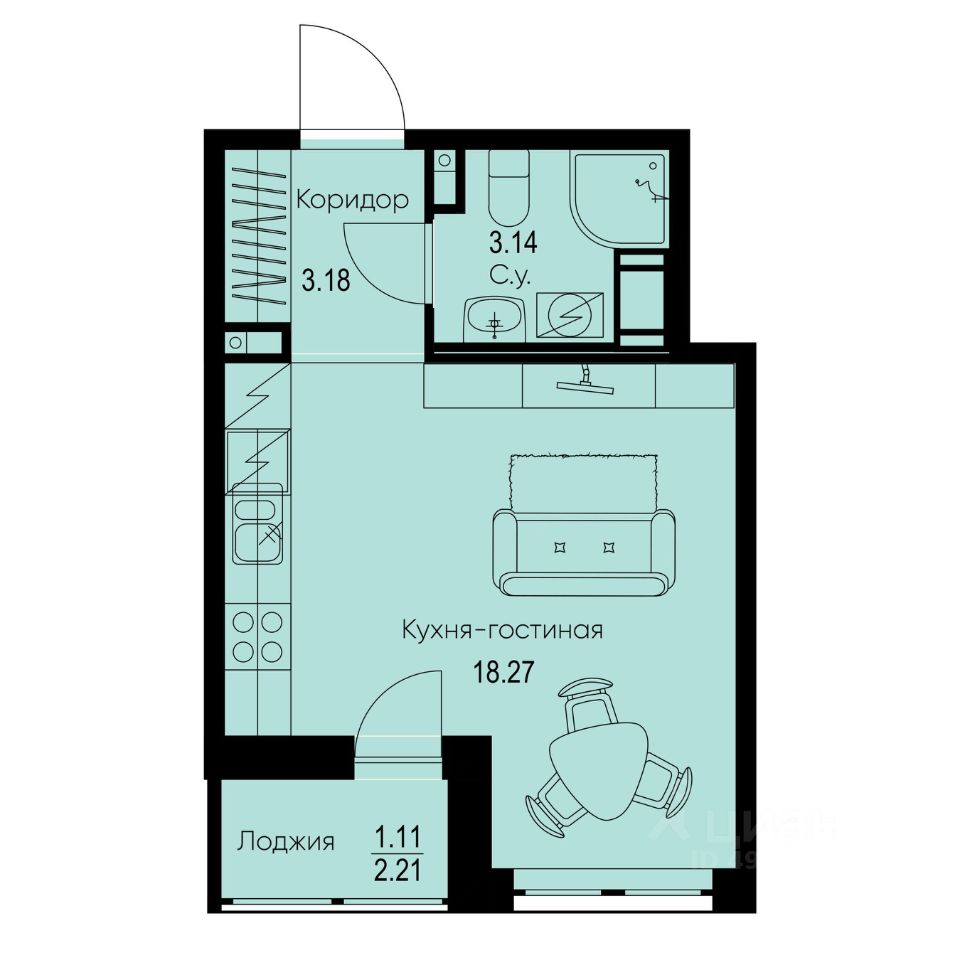 Студия, 25,7 м², 3/9 этаж