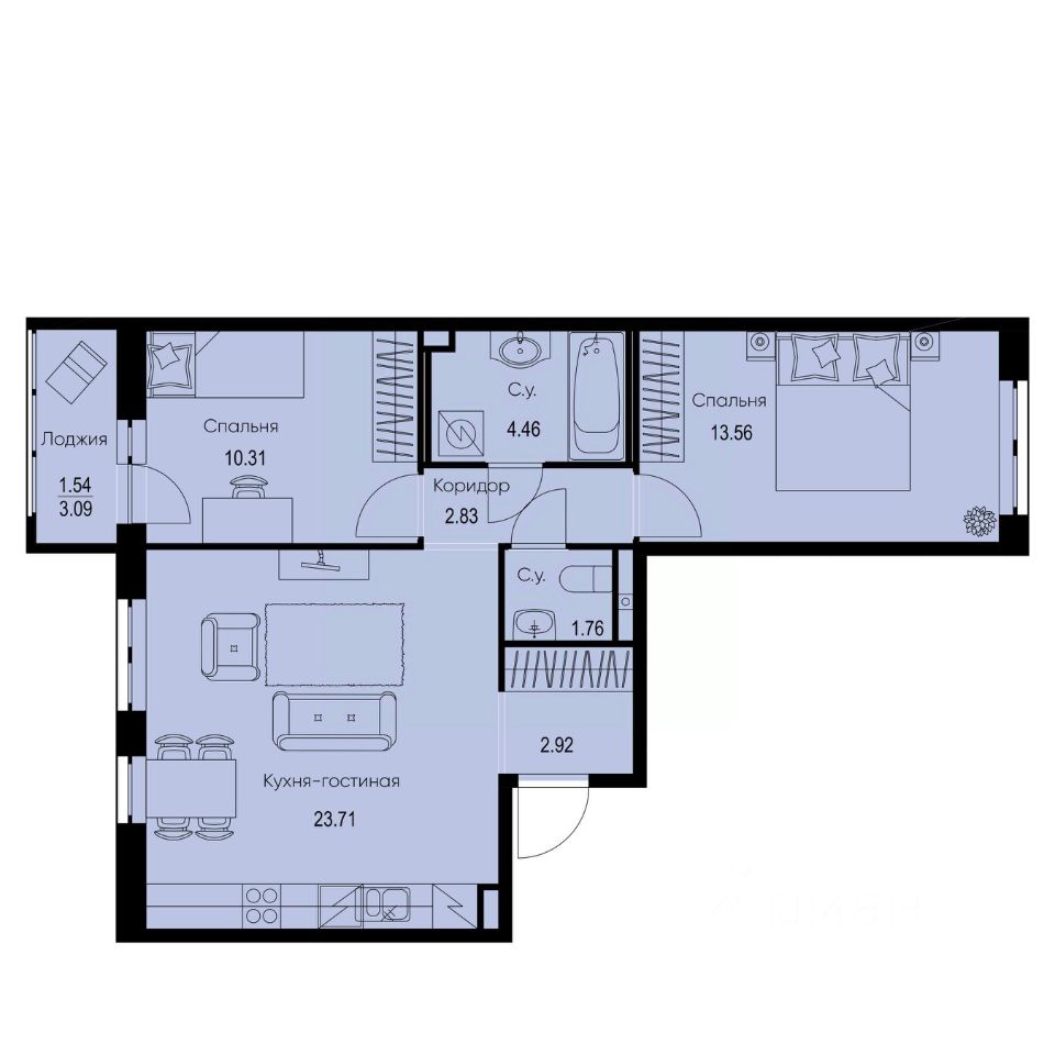 2-комн.кв., 61,1 м², 2/9 этаж