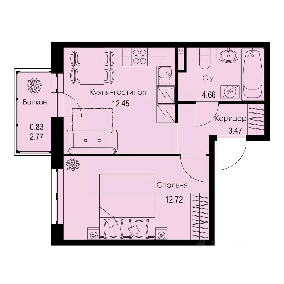 1-комн.кв., 34,1 м², 2/9 этаж