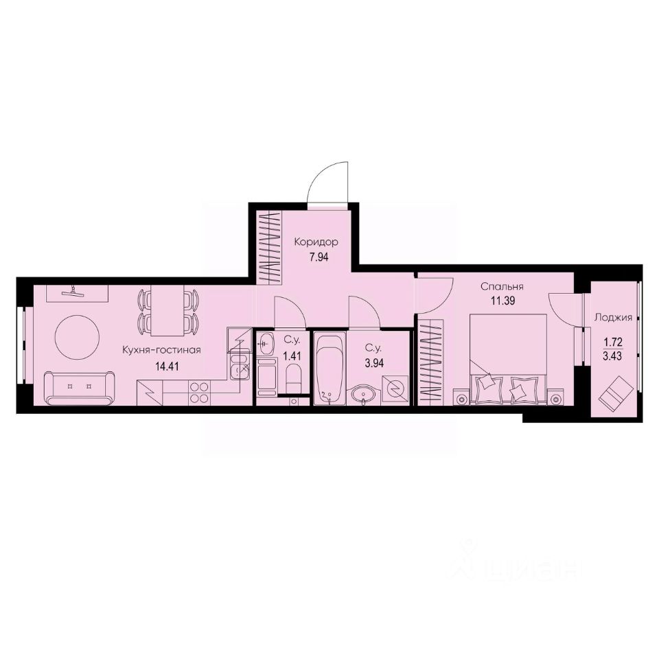 1-комн.кв., 40,8 м², 5/9 этаж