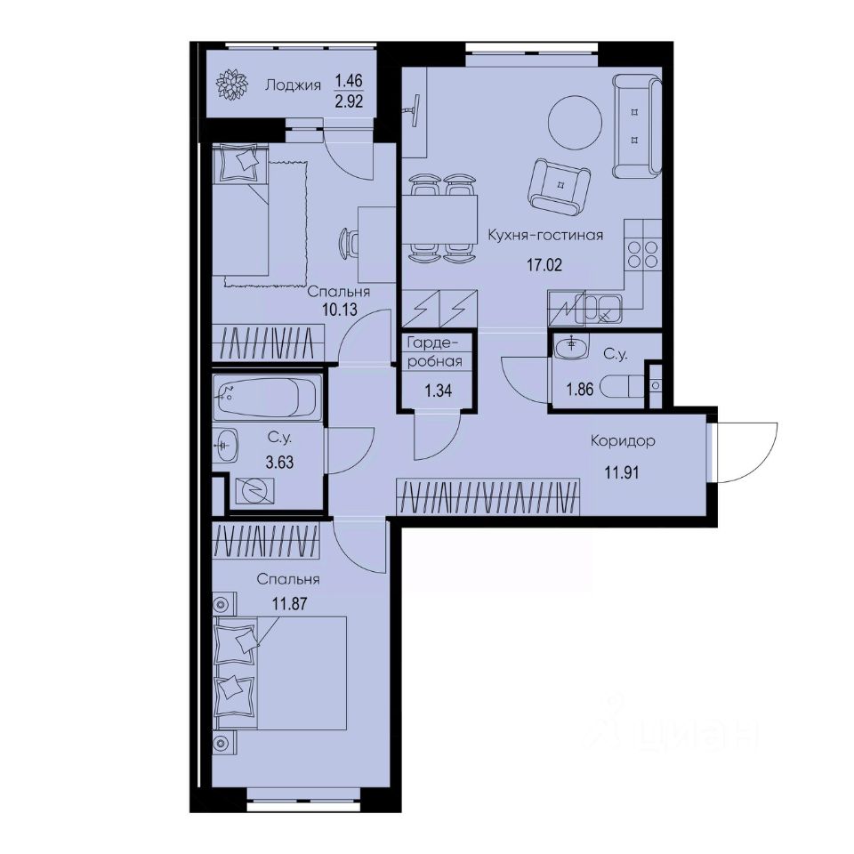 2-комн.кв., 59,2 м², 2/9 этаж