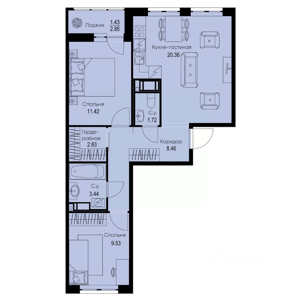 2-комн.кв., 59,2 м², 4/9 этаж