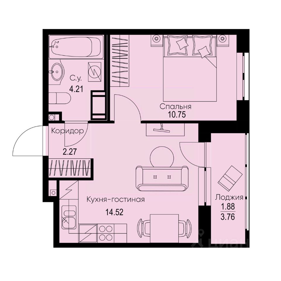 1-комн.кв., 33,6 м², 3/9 этаж