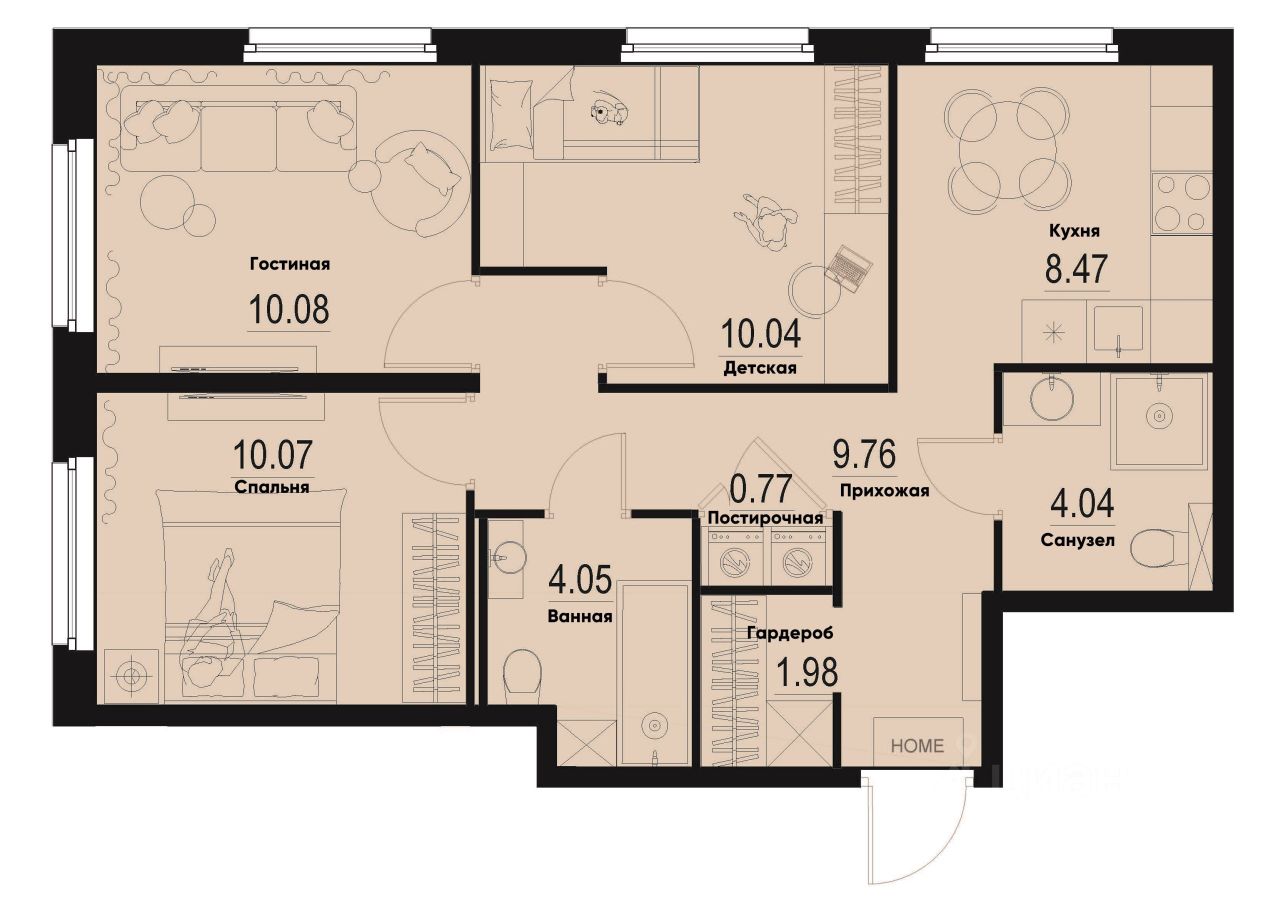 3-комн.кв., 59,3 м², 1/12 этаж