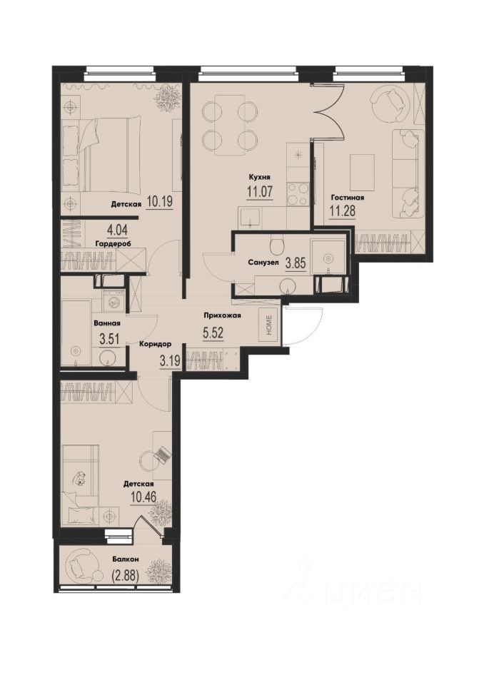 3-комн.кв., 64 м², 9/12 этаж