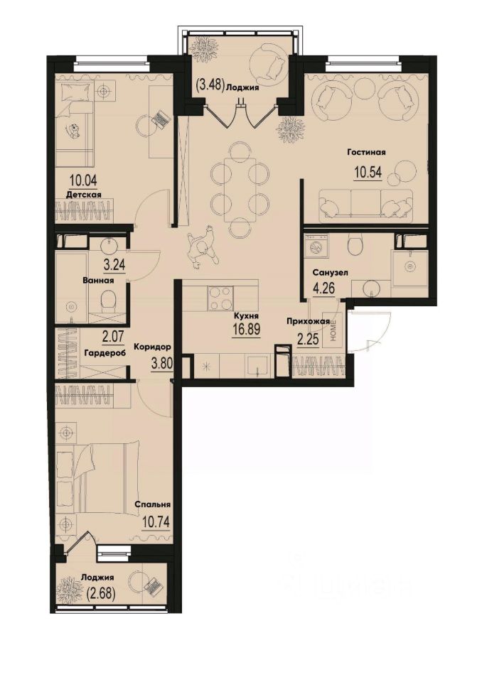 3-комн.кв., 66,9 м², 10/12 этаж