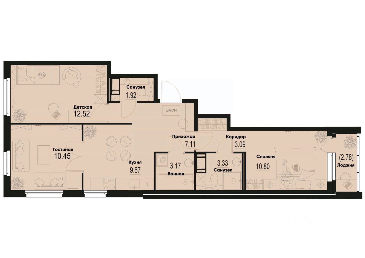3-комн.кв., 63,5 м², 3/12 этаж