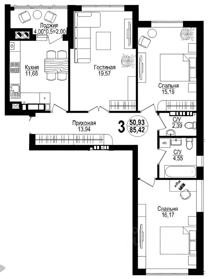 Планировка этой квартиры по данным Циан