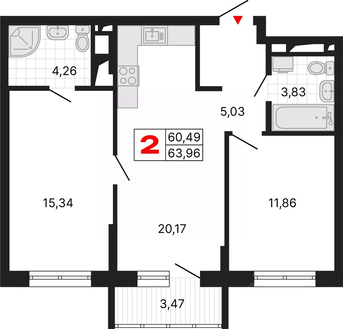 2-комн.кв., 64 м², 8/25 этаж