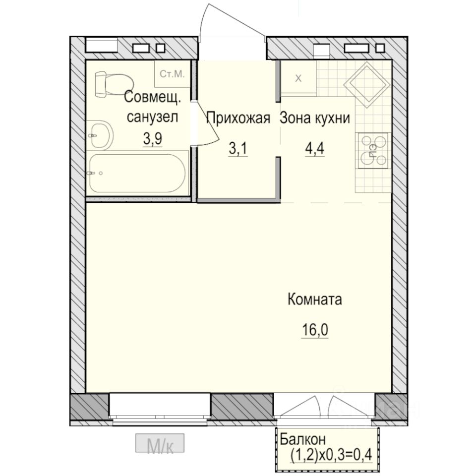 Студия, 27,8 м², 3/5 этаж