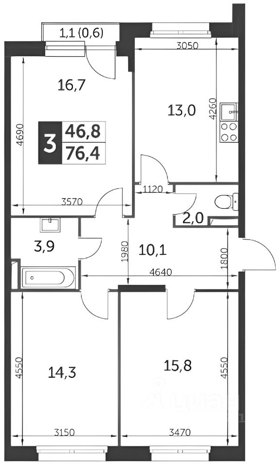 Планировка этой квартиры по данным Циан