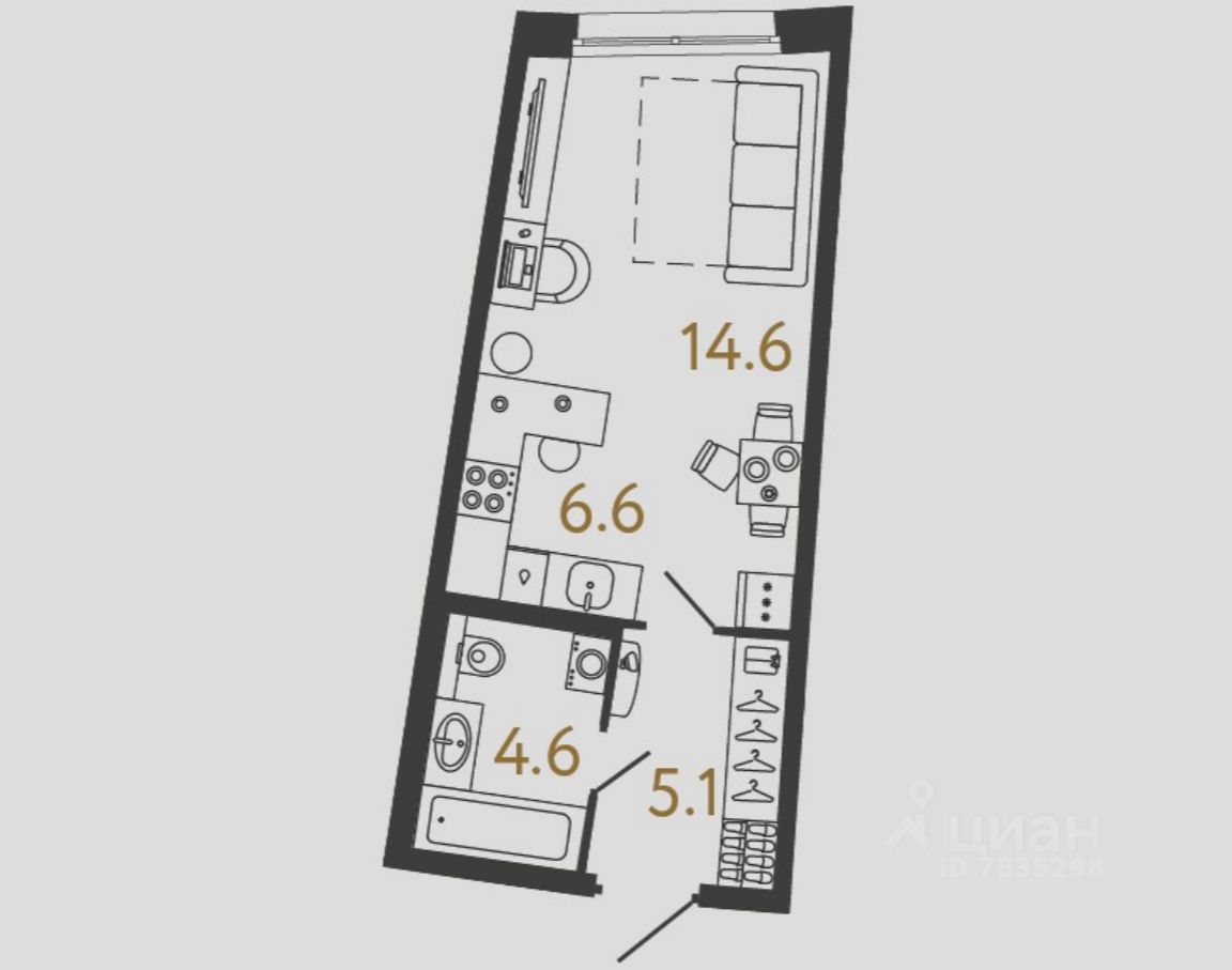 Студия, 30,9 м², 2/4 этаж
