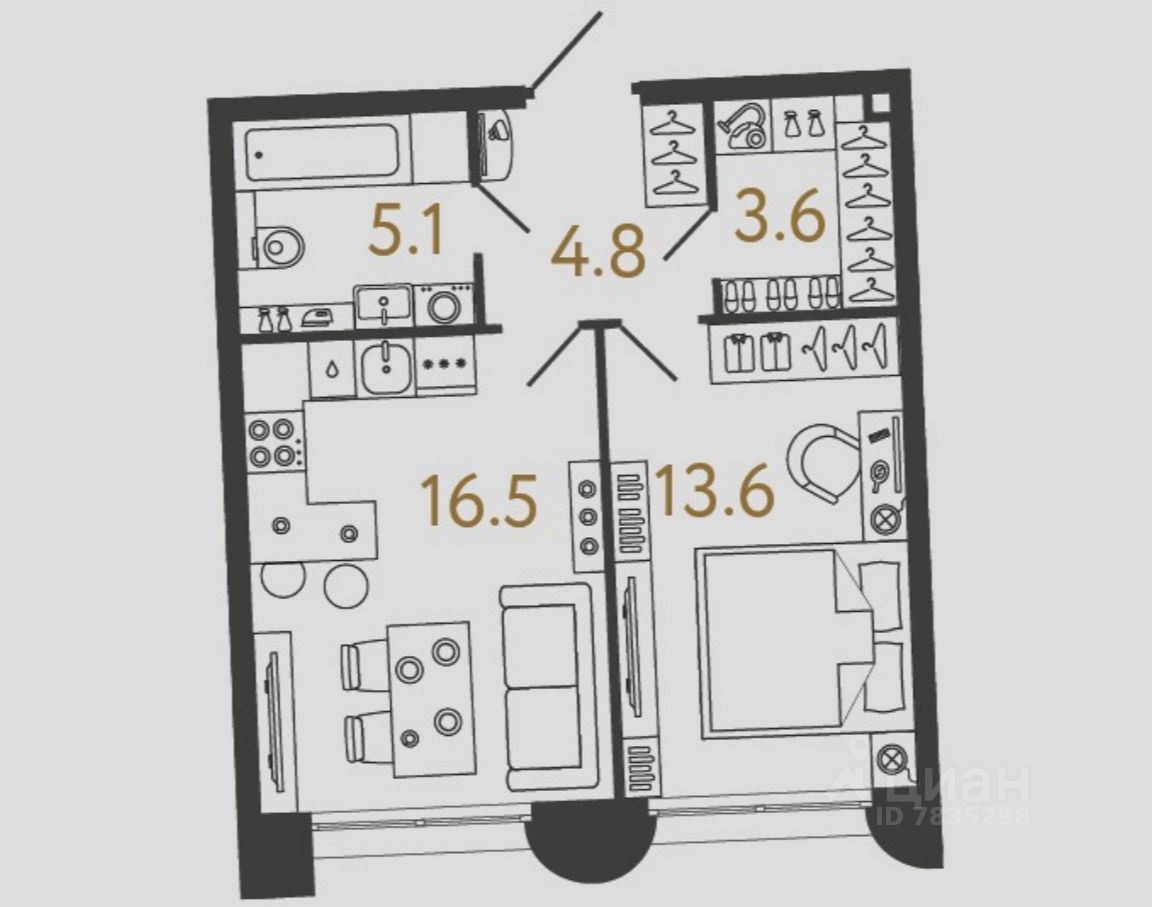 1-комн.кв., 43,6 м², 1/4 этаж