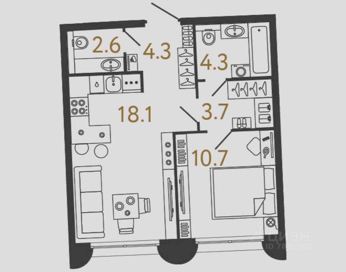1-комн.кв., 43,7 м², 1/4 этаж