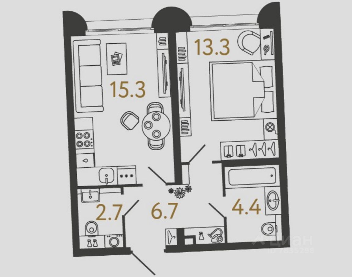 1-комн.кв., 42,4 м², 1/4 этаж