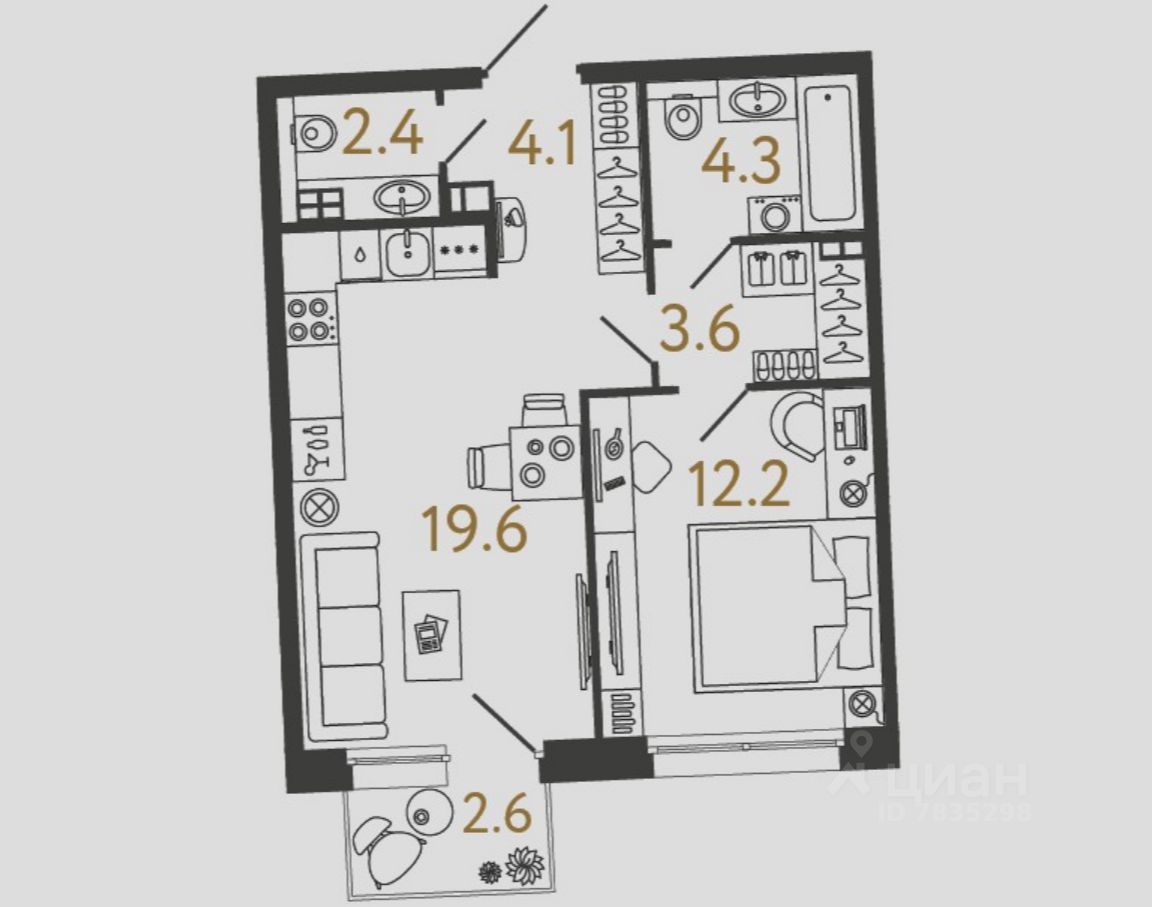 1-комн.кв., 46,2 м², 2/4 этаж