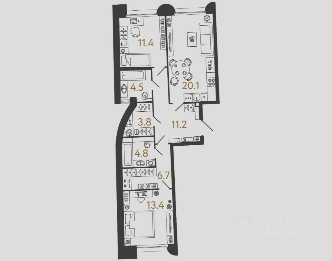 2-комн.кв., 75,9 м², 1/4 этаж
