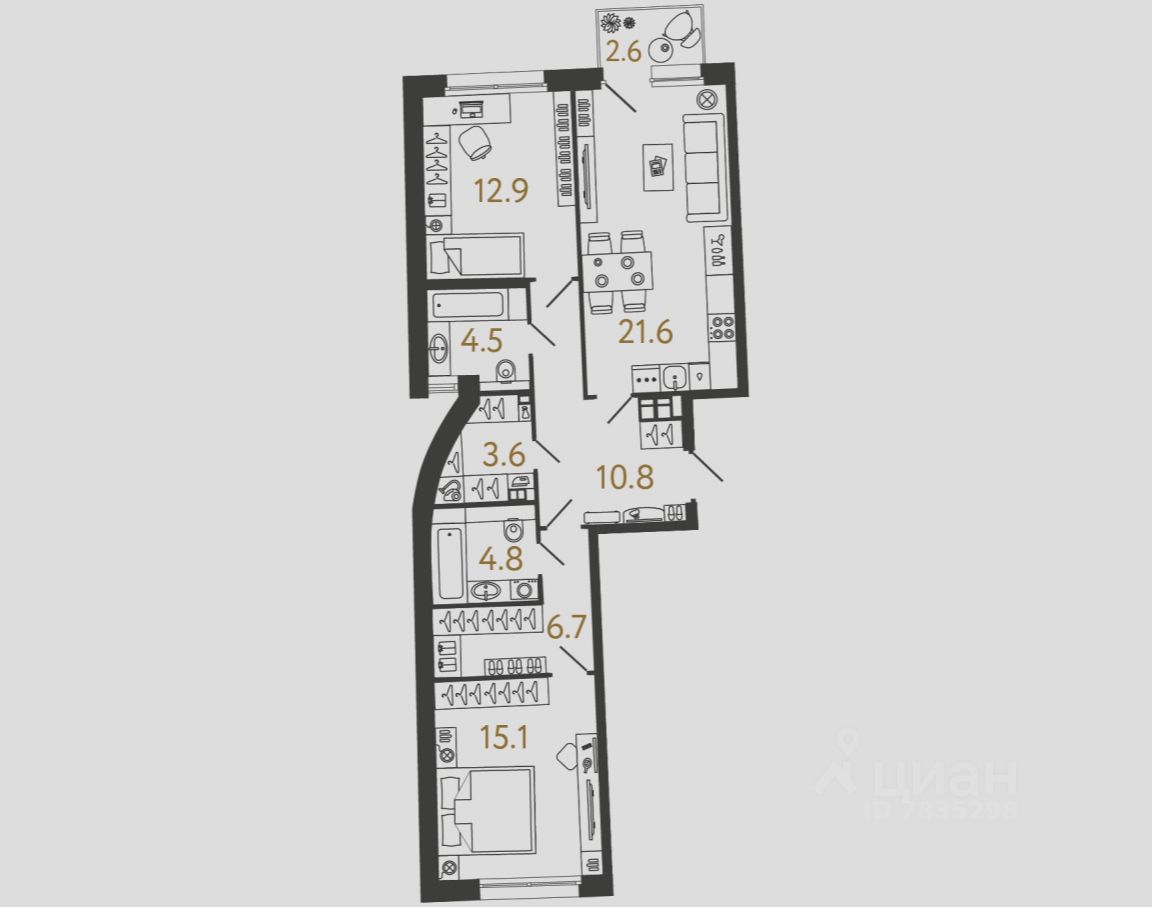 2-комн.кв., 80 м², 2/4 этаж