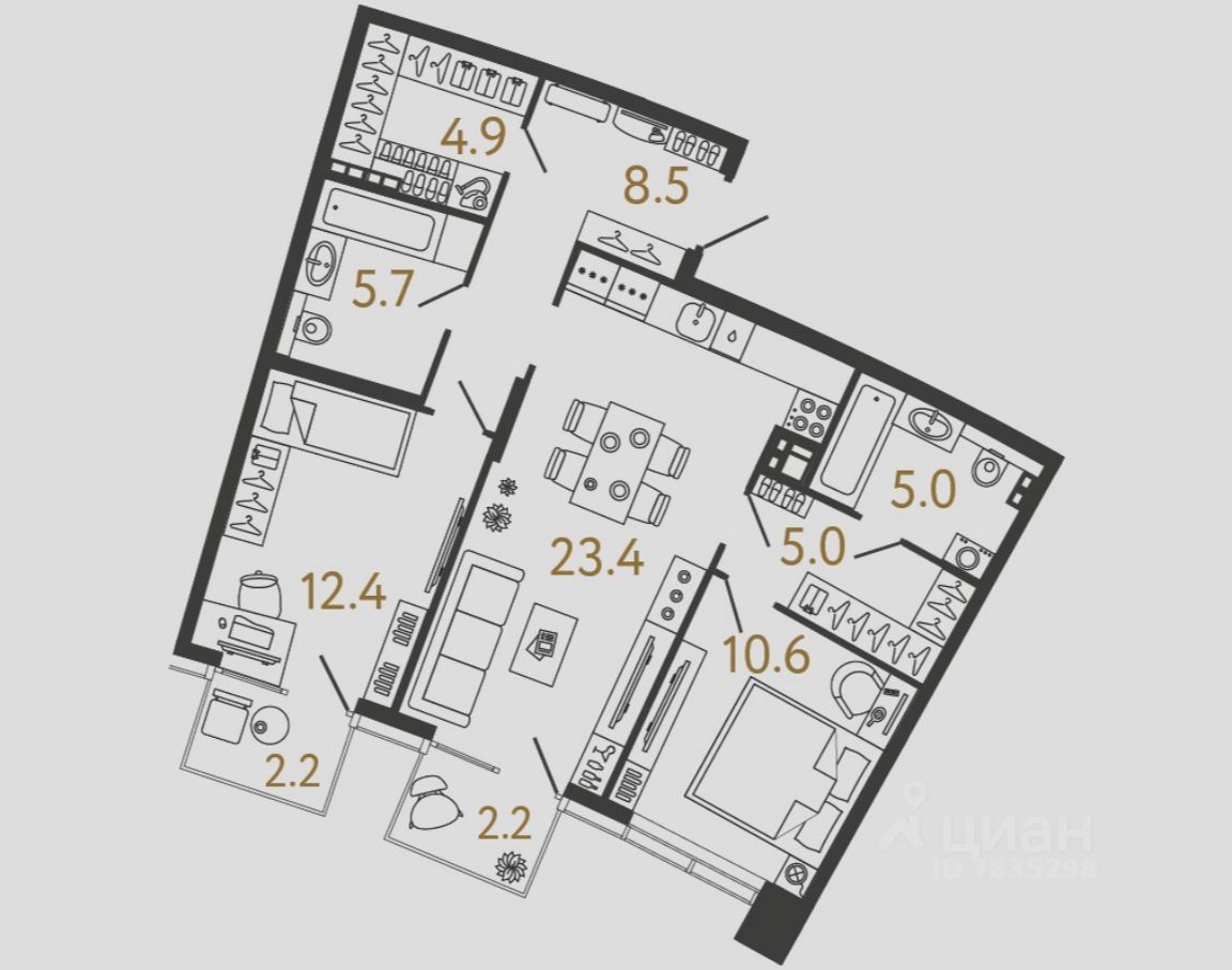 2-комн.кв., 75,5 м², 4/4 этаж