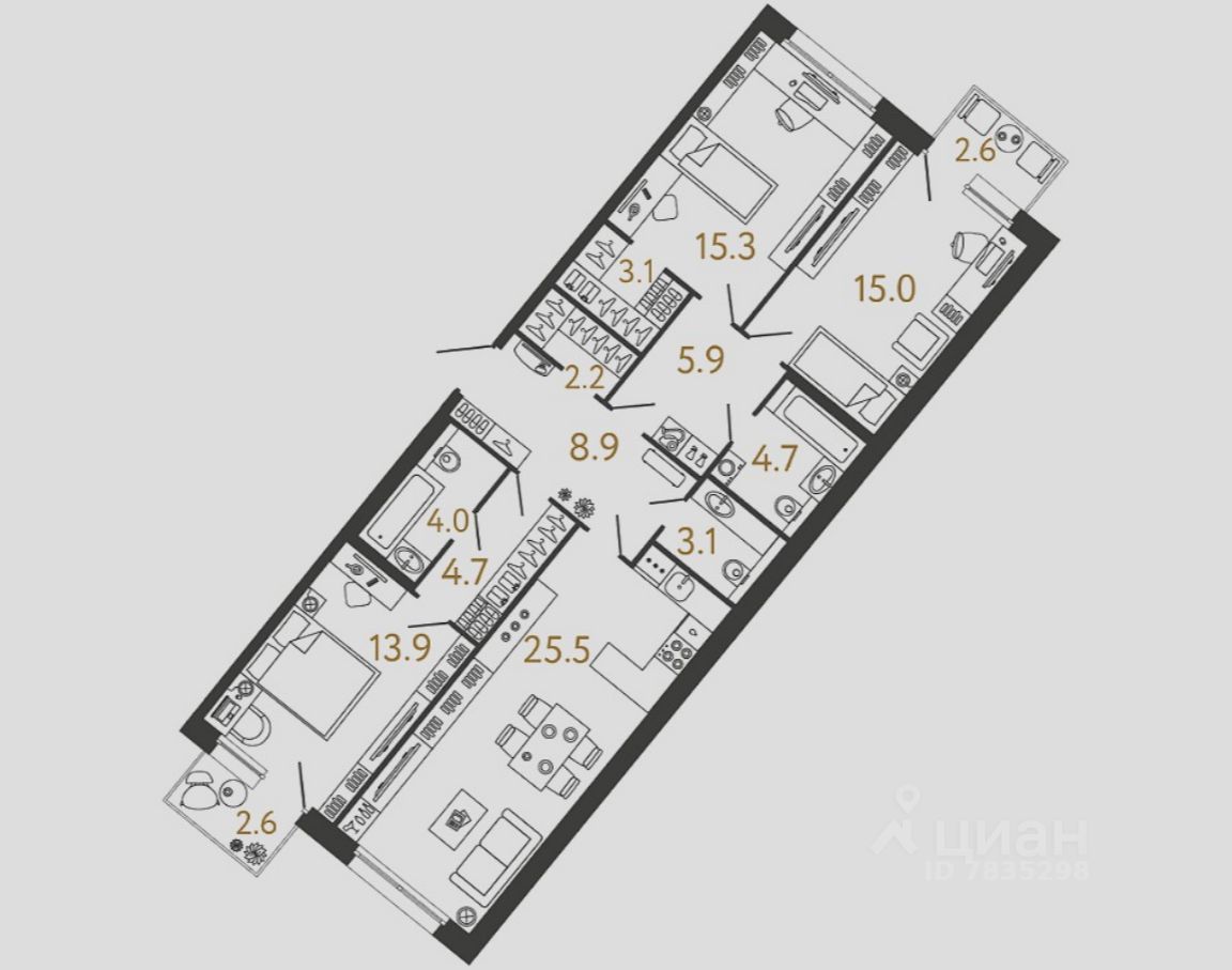 3-комн.кв., 106,3 м², 2/4 этаж