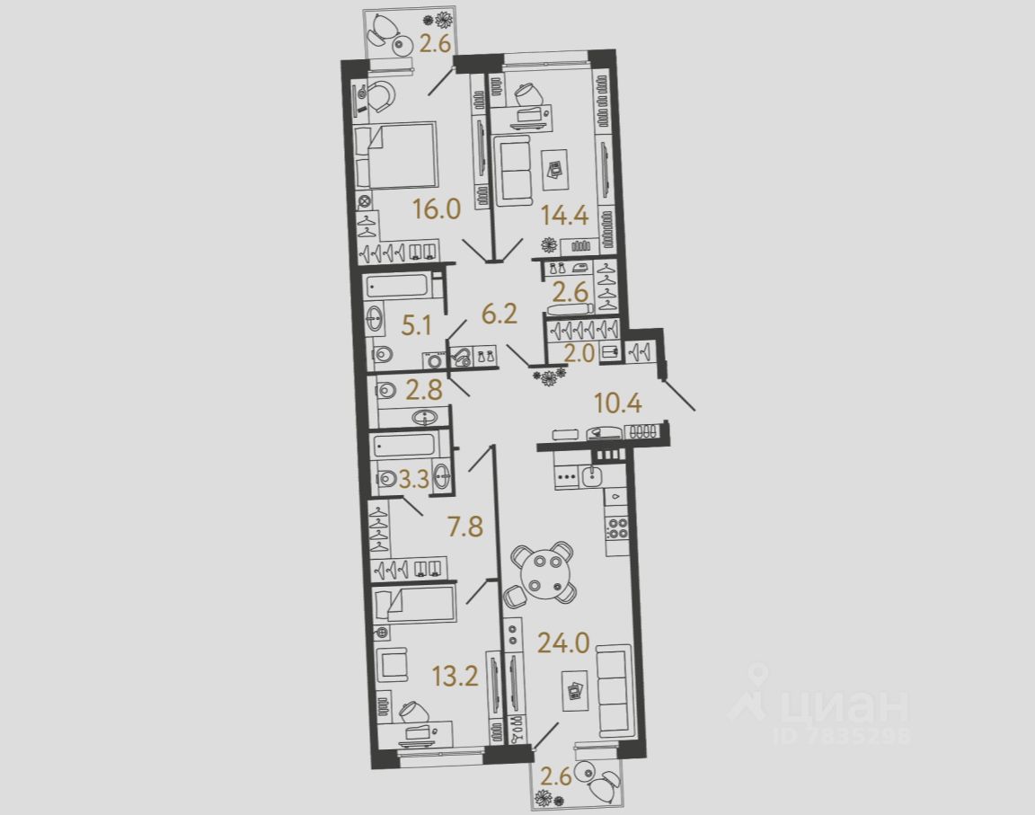 3-комн.кв., 107,8 м², 2/4 этаж