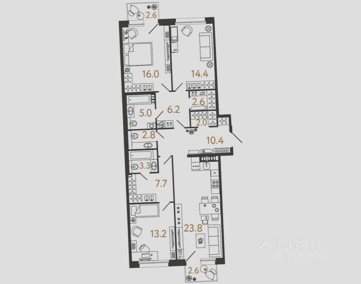 3-комн.кв., 107,4 м², 3/4 этаж