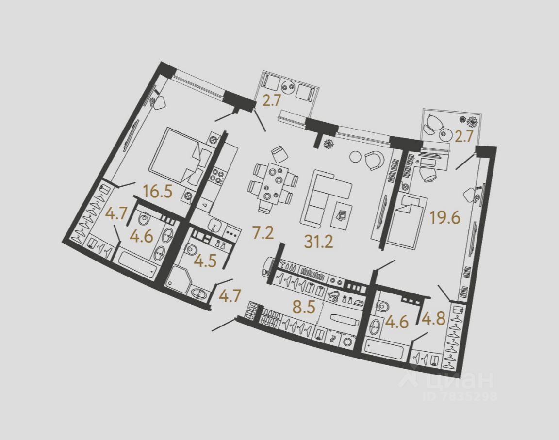 2-комн.кв., 110,9 м², 3/4 этаж