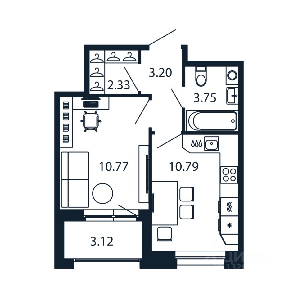 1-комн.кв., 30,4 м², 2/12 этаж