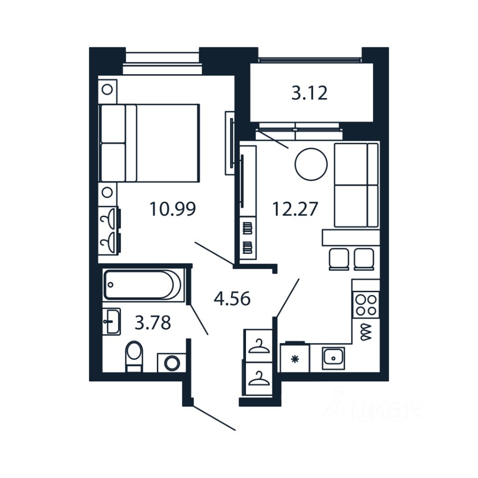 1-комн.кв., 31,2 м², 2/12 этаж